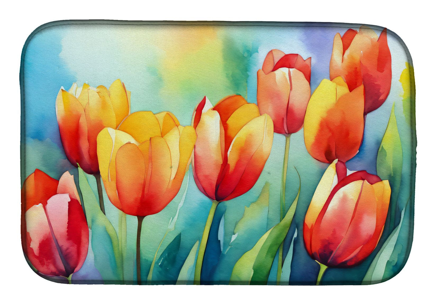 Tulips in Watercolor Dish Drying Mat Absorbent Dish Drying Mat Pad for Kitchen Counter Dish Drainer Mat for Countertop, 14 x 21", Multicolor