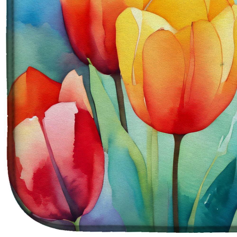 Tulips in Watercolor Dish Drying Mat Absorbent Dish Drying Mat Pad for Kitchen Counter Dish Drainer Mat for Countertop, 14 x 21", Multicolor