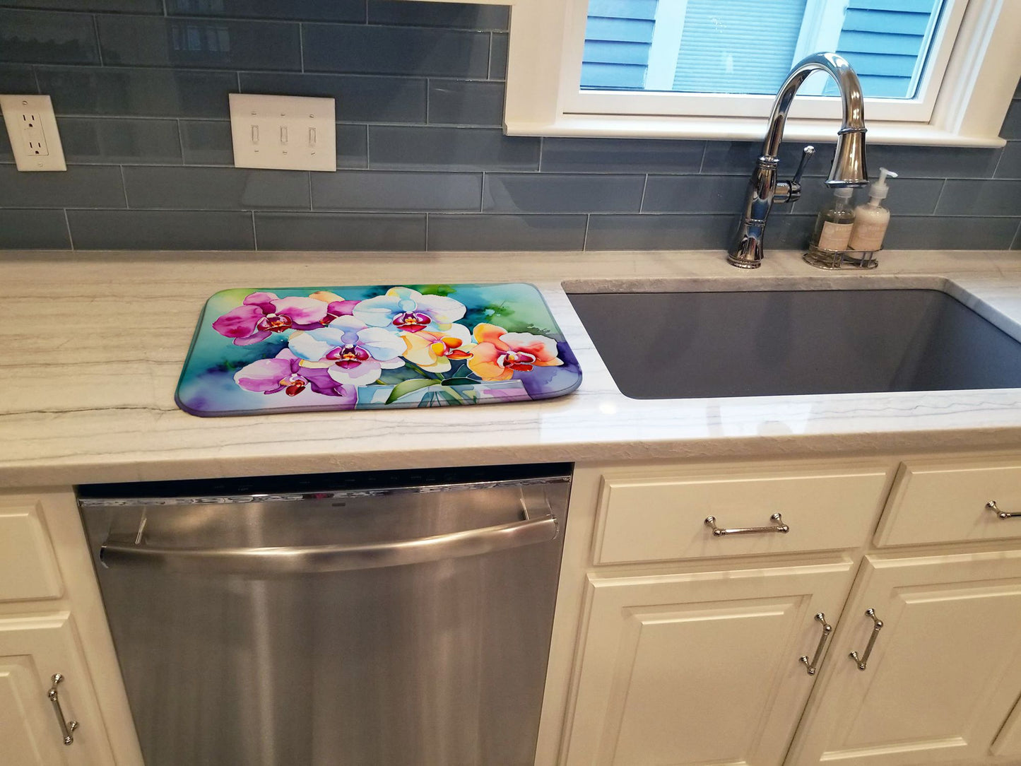 Orchids in Watercolor Dish Drying Mat Absorbent Dish Drying Mat Pad for Kitchen Counter Dish Drainer Mat for Countertop, 14 x 21", Multicolor
