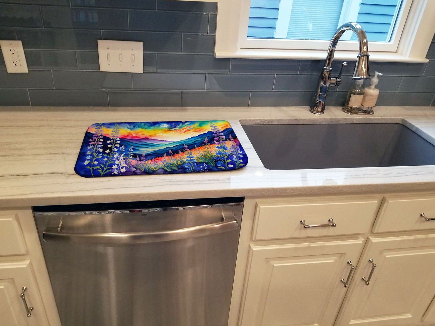 Delphinium in Color Dish Drying Mat Absorbent Dish Drying Mat Pad for Kitchen Counter Dish Drainer Mat for Countertop, 14 x 21", Multicolor