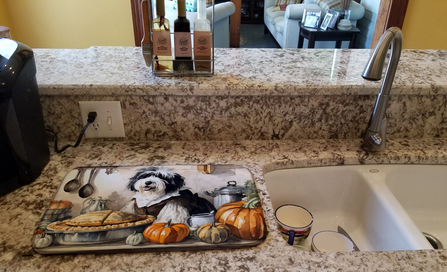 Old English Sheepdog Fall Kitchen Pumpkins Dish Drying Mat Absorbent Dish Drying Mat Pad for Kitchen Counter Dish Drainer Mat for Countertop, 14 x 21", Multicolor