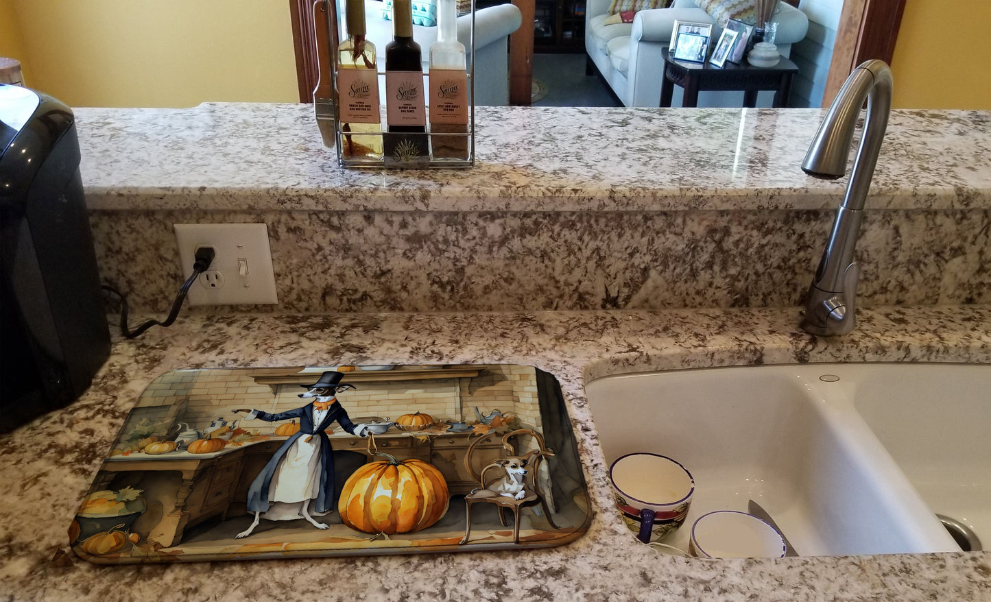 Italian Greyhound Fall Kitchen Pumpkins Dish Drying Mat Absorbent Dish Drying Mat Pad for Kitchen Counter Dish Drainer Mat for Countertop, 14 x 21", Multicolor