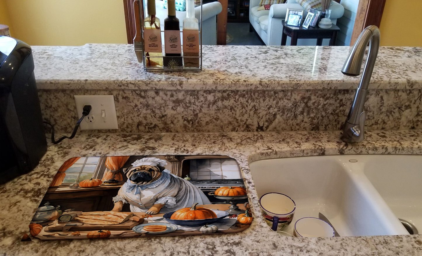 Shar Pei Fall Kitchen Pumpkins Dish Drying Mat Absorbent Dish Drying Mat Pad for Kitchen Counter Dish Drainer Mat for Countertop, 14 x 21", Multicolor