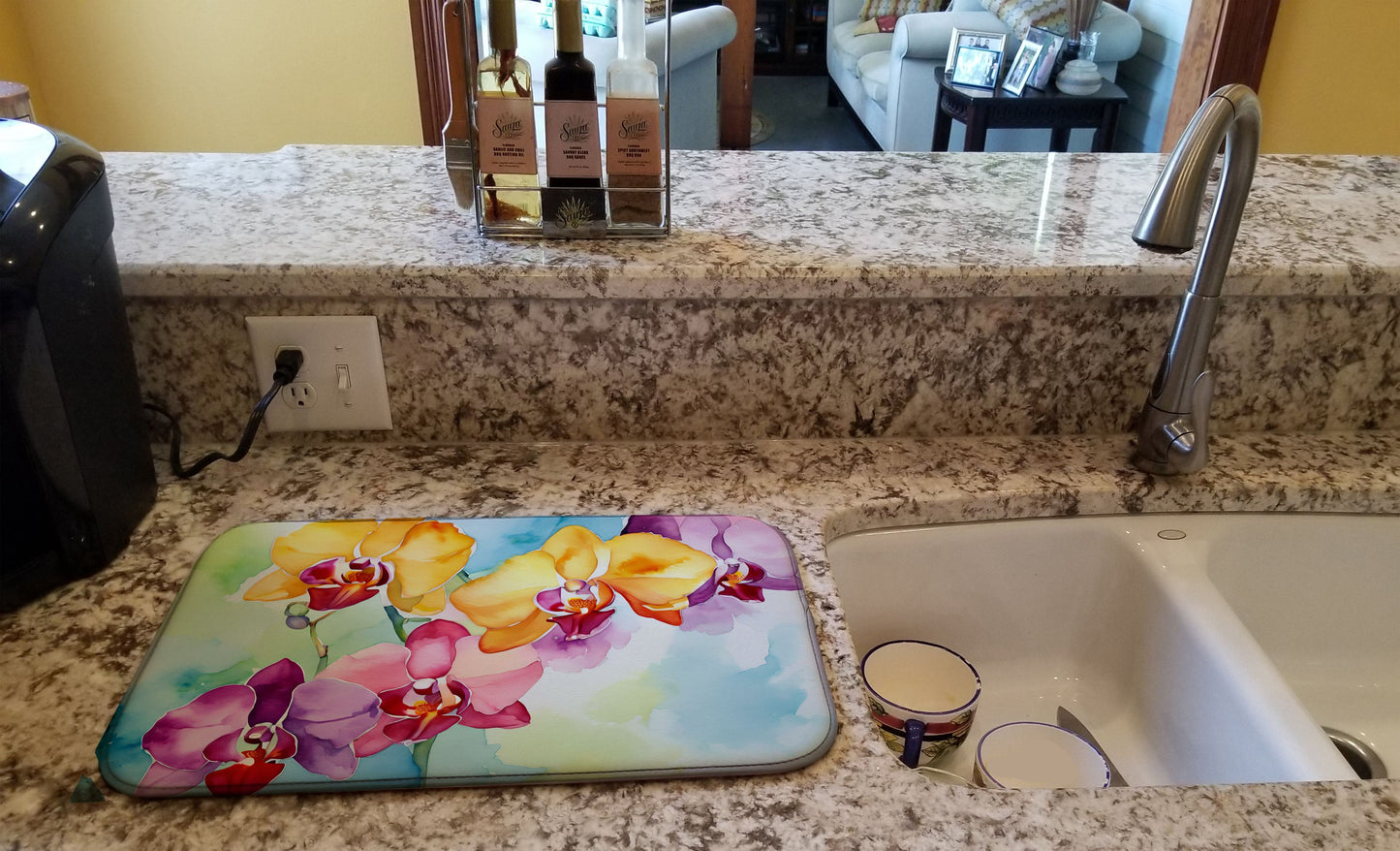 Orchids in Watercolor Dish Drying Mat Absorbent Dish Drying Mat Pad for Kitchen Counter Dish Drainer Mat for Countertop, 14 x 21", Multicolor