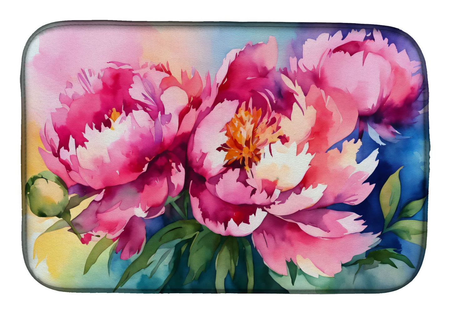 Peonies in Watercolor Dish Drying Mat Absorbent Dish Drying Mat Pad for Kitchen Counter Dish Drainer Mat for Countertop, 14 x 21", Multicolor