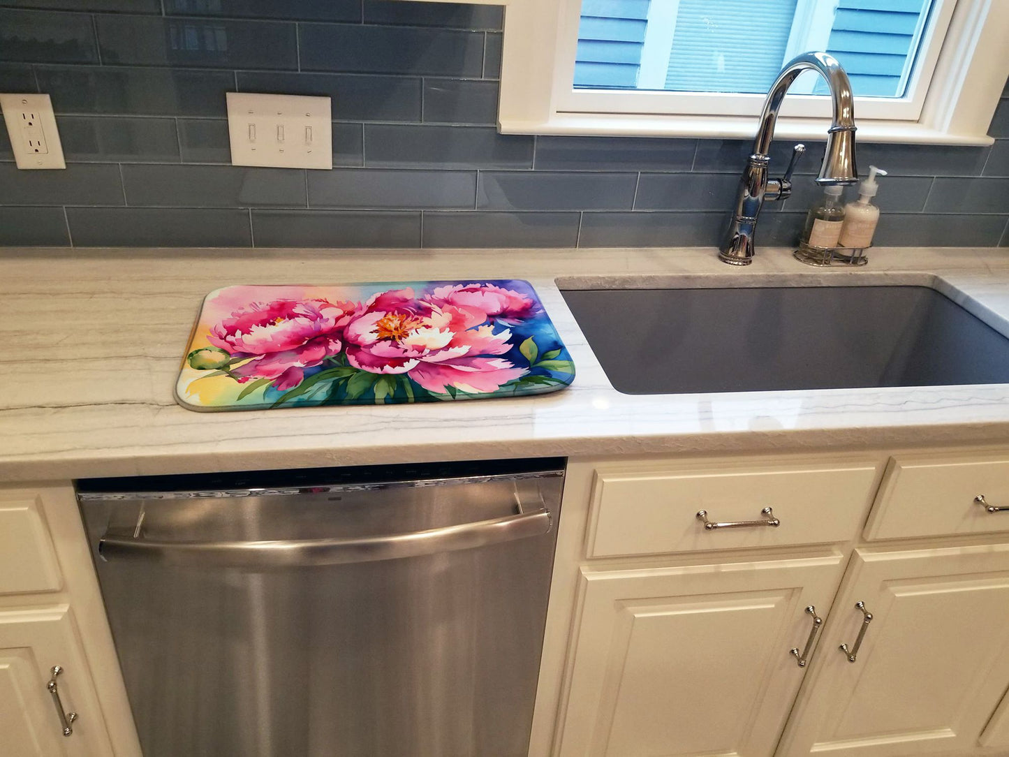 Peonies in Watercolor Dish Drying Mat Absorbent Dish Drying Mat Pad for Kitchen Counter Dish Drainer Mat for Countertop, 14 x 21", Multicolor