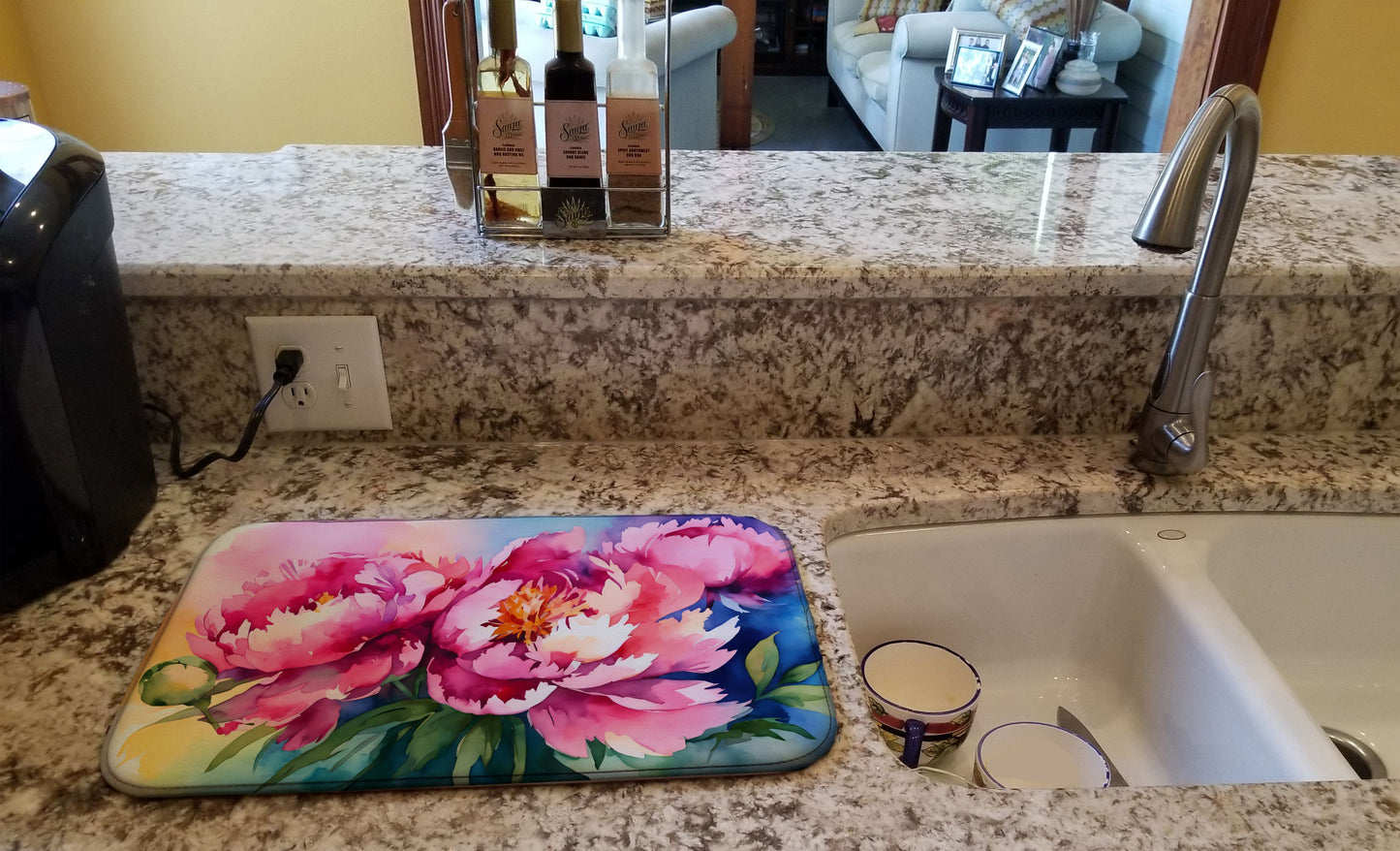 Peonies in Watercolor Dish Drying Mat Absorbent Dish Drying Mat Pad for Kitchen Counter Dish Drainer Mat for Countertop, 14 x 21", Multicolor