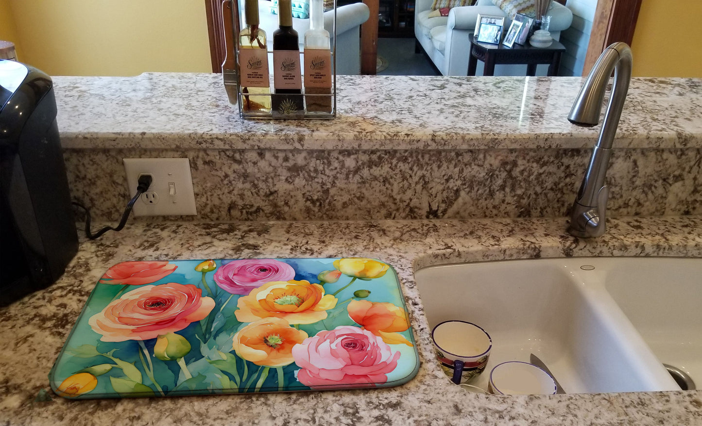 Ranunculus in Watercolor Dish Drying Mat Absorbent Dish Drying Mat Pad for Kitchen Counter Dish Drainer Mat for Countertop, 14 x 21", Multicolor