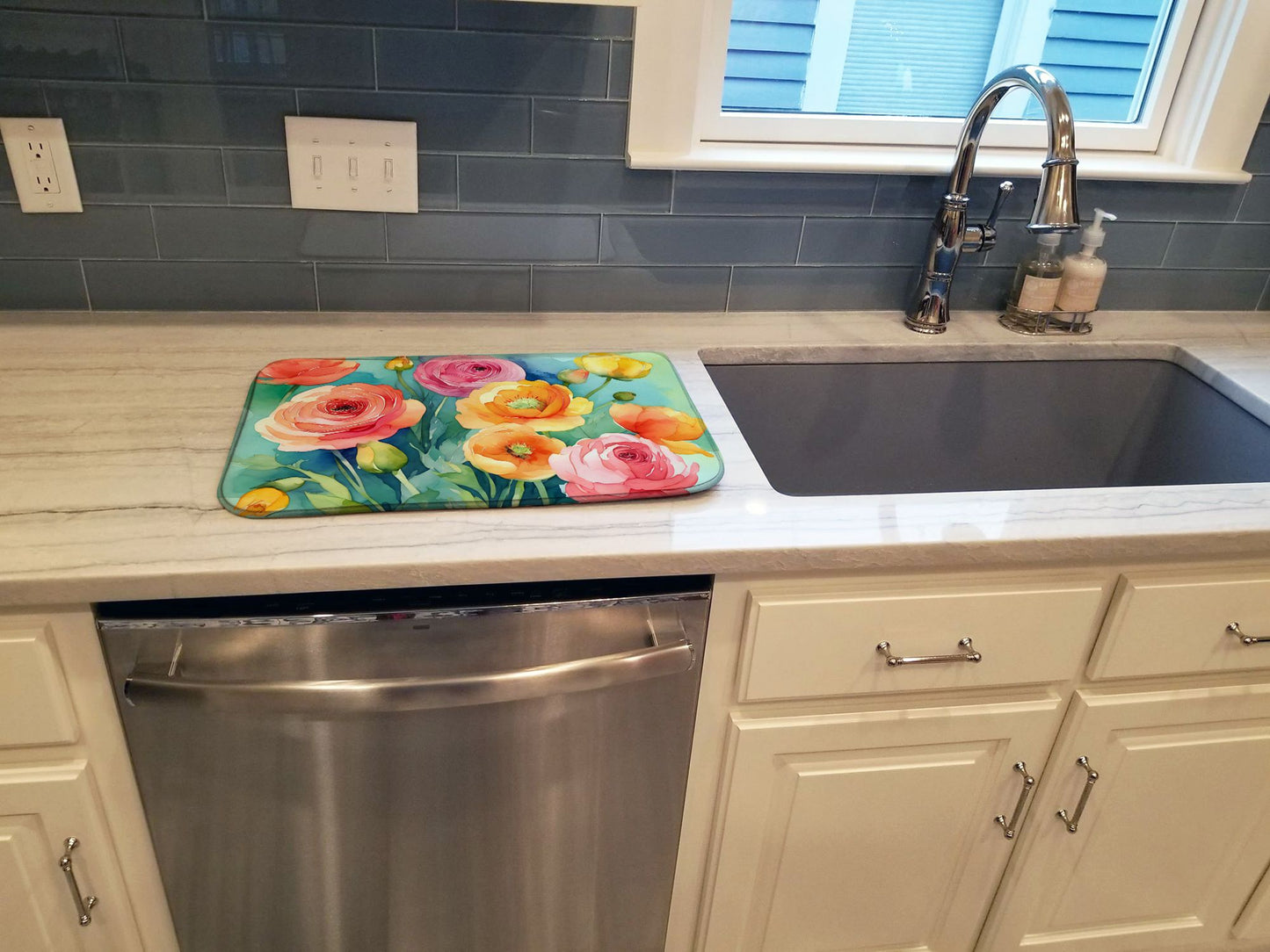 Ranunculus in Watercolor Dish Drying Mat Absorbent Dish Drying Mat Pad for Kitchen Counter Dish Drainer Mat for Countertop, 14 x 21", Multicolor