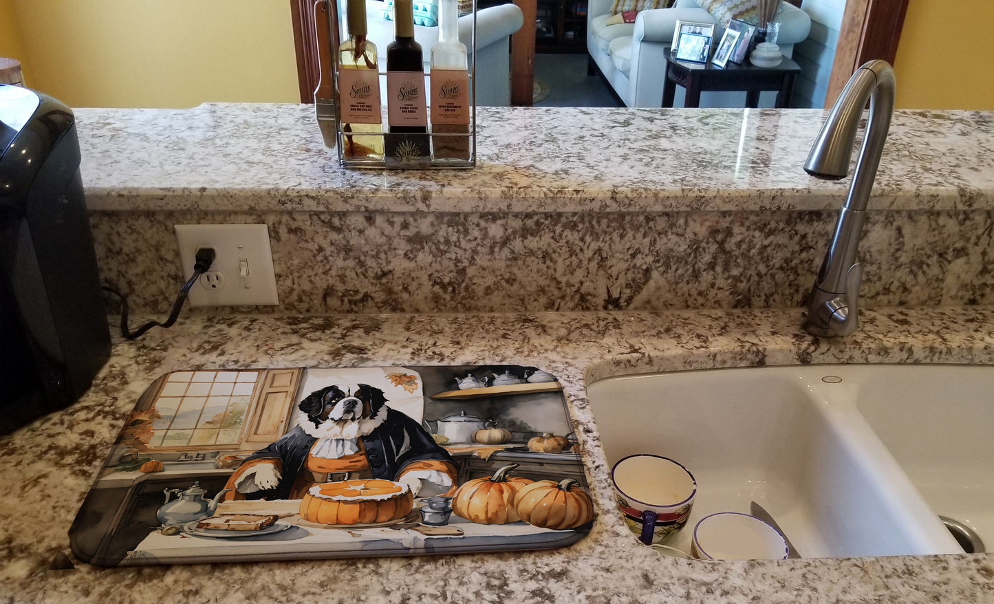 Saint Bernard Fall Kitchen Pumpkins Dish Drying Mat Absorbent Dish Drying Mat Pad for Kitchen Counter Dish Drainer Mat for Countertop, 14 x 21", Multicolor