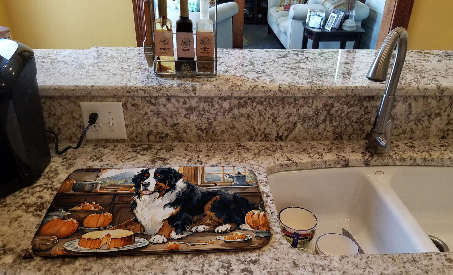 Bernese Mountain Dog Fall Kitchen Pumpkins Dish Drying Mat Absorbent Dish Drying Mat Pad for Kitchen Counter Dish Drainer Mat for Countertop, 14 x 21", Multicolor