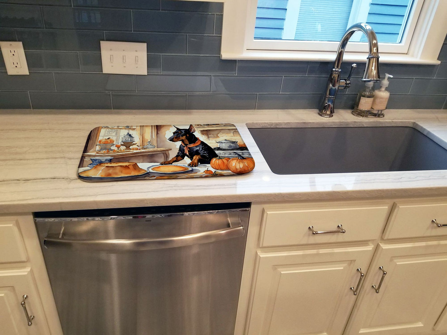 Doberman Pinscher Fall Kitchen Pumpkins Dish Drying Mat Absorbent Dish Drying Mat Pad for Kitchen Counter Dish Drainer Mat for Countertop, 14 x 21", Multicolor