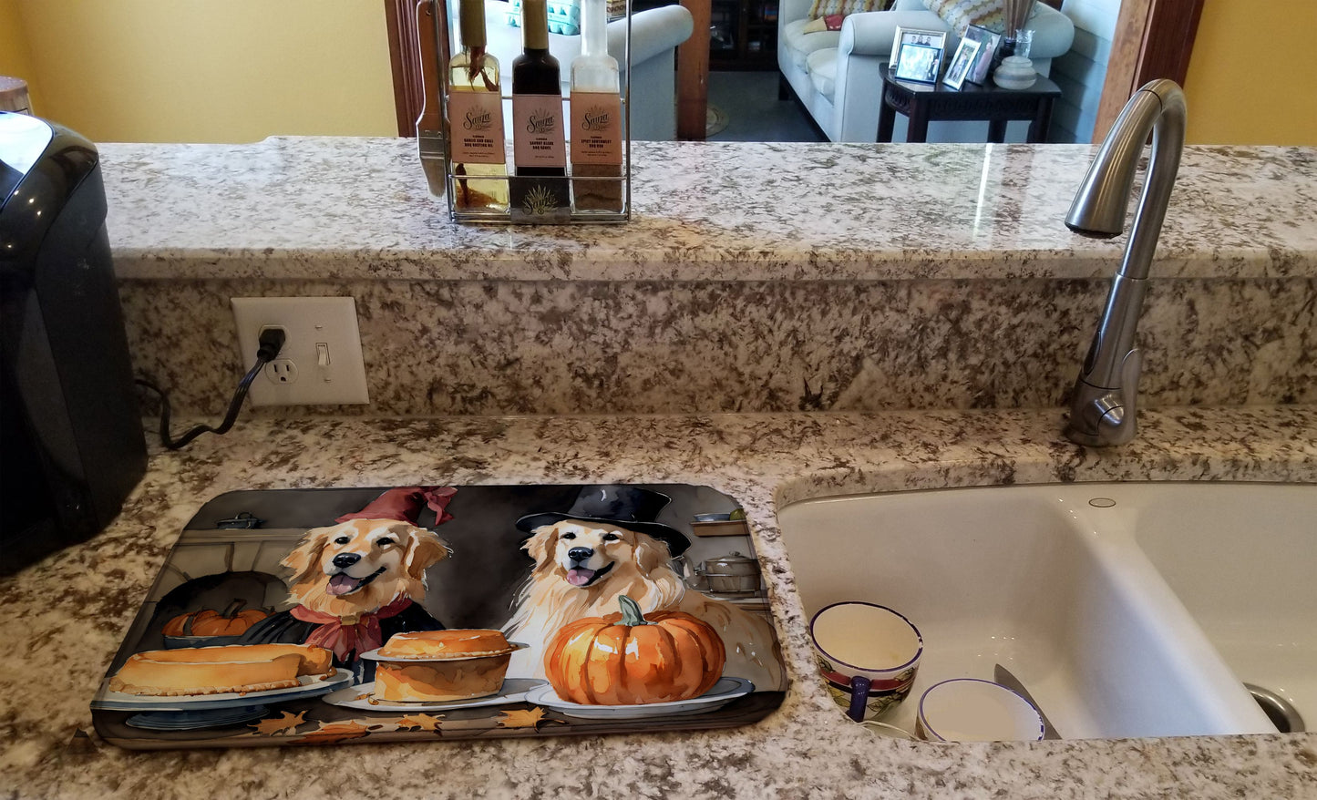 Golden Retriever Fall Kitchen Pumpkins Dish Drying Mat Absorbent Dish Drying Mat Pad for Kitchen Counter Dish Drainer Mat for Countertop, 14 x 21", Multicolor