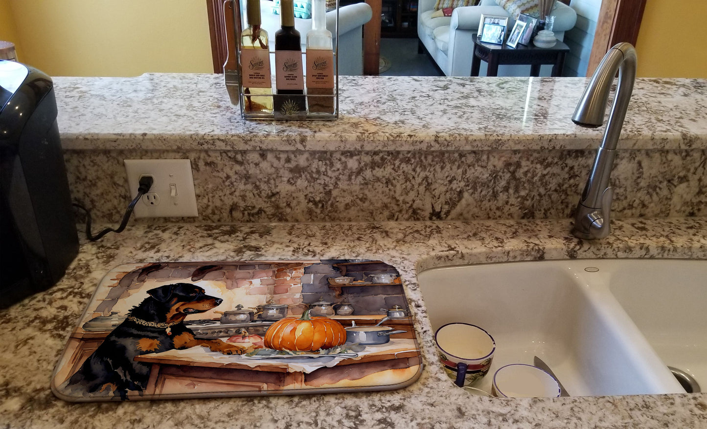 Rottweiler Fall Kitchen Pumpkins Dish Drying Mat Absorbent Dish Drying Mat Pad for Kitchen Counter Dish Drainer Mat for Countertop, 14 x 21", Multicolor