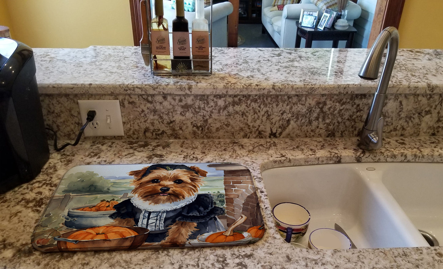 Norfolk Terrier Fall Kitchen Pumpkins Dish Drying Mat Absorbent Dish Drying Mat Pad for Kitchen Counter Dish Drainer Mat for Countertop, 14 x 21", Multicolor