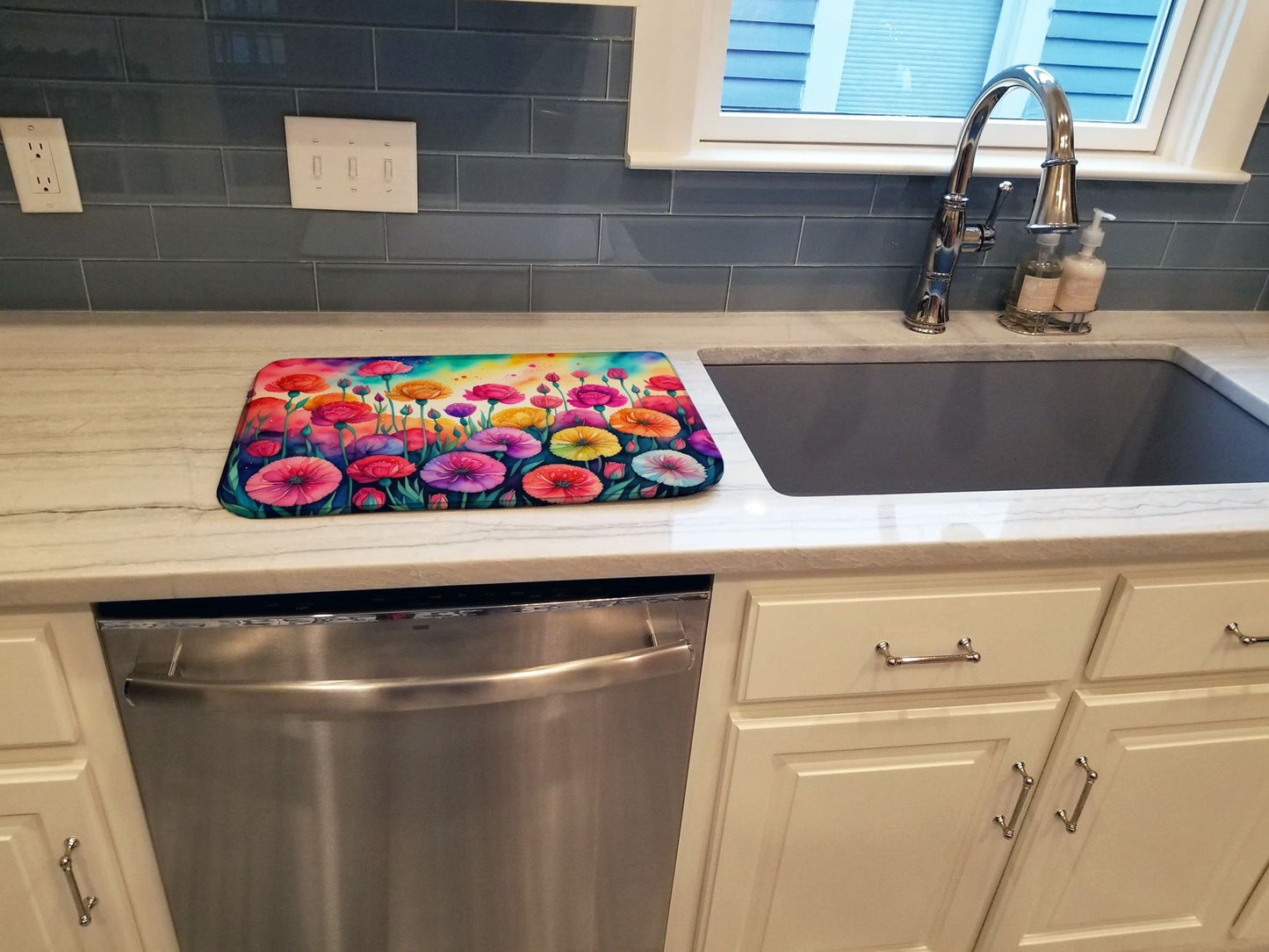 Carnations in Color Dish Drying Mat Absorbent Dish Drying Mat Pad for Kitchen Counter Dish Drainer Mat for Countertop, 14 x 21", Multicolor