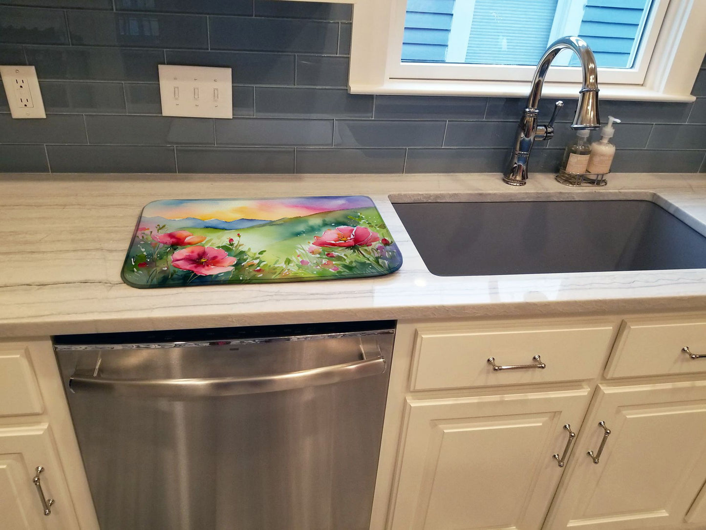 North Dakota Wild Prairie Roses in Watercolor Dish Drying Mat Absorbent Dish Drying Mat Pad for Kitchen Counter Dish Drainer Mat for Countertop, 14 x 21", Multicolor