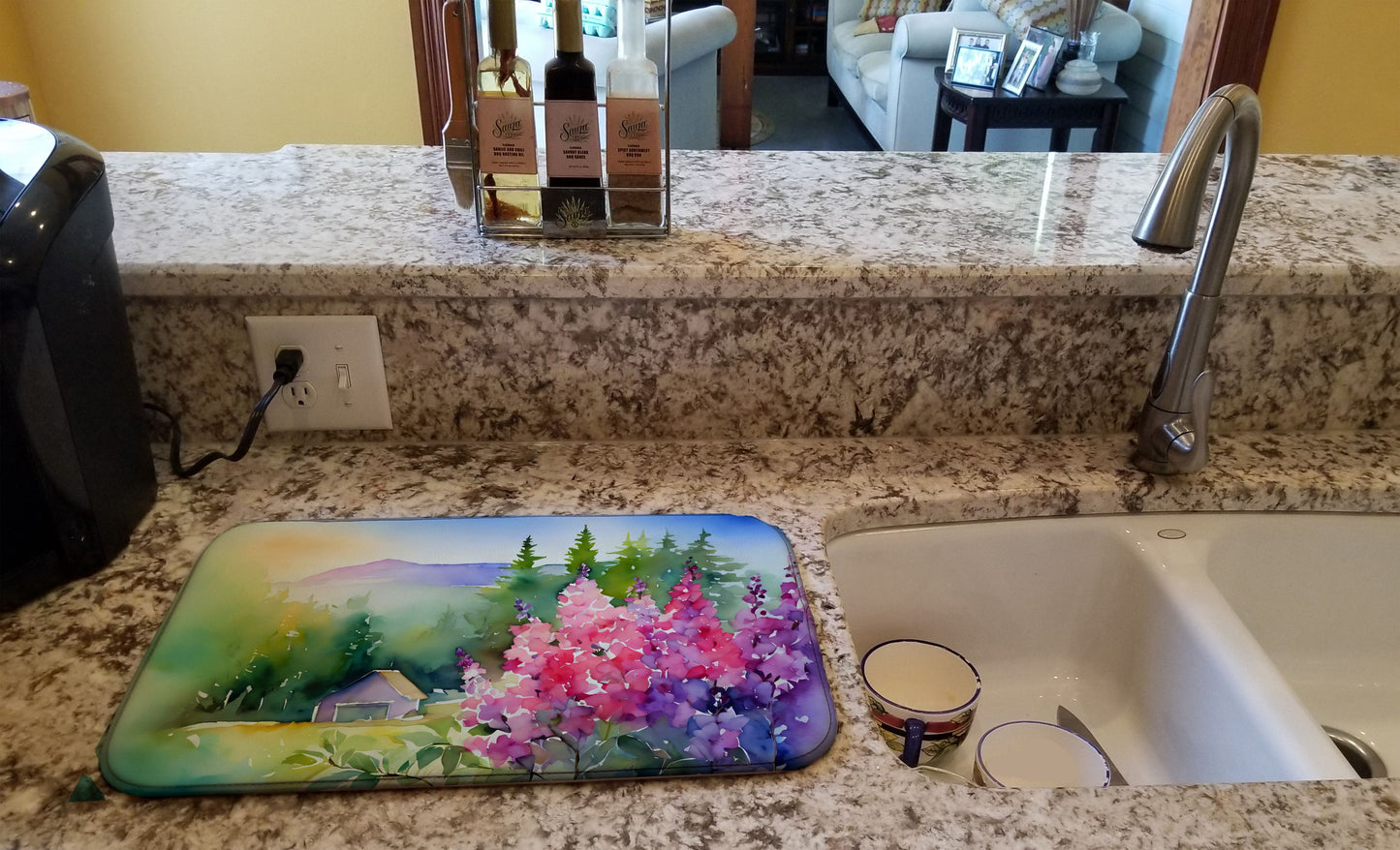 Idaho Syringa in Watercolor Dish Drying Mat Absorbent Dish Drying Mat Pad for Kitchen Counter Dish Drainer Mat for Countertop, 14 x 21", Multicolor