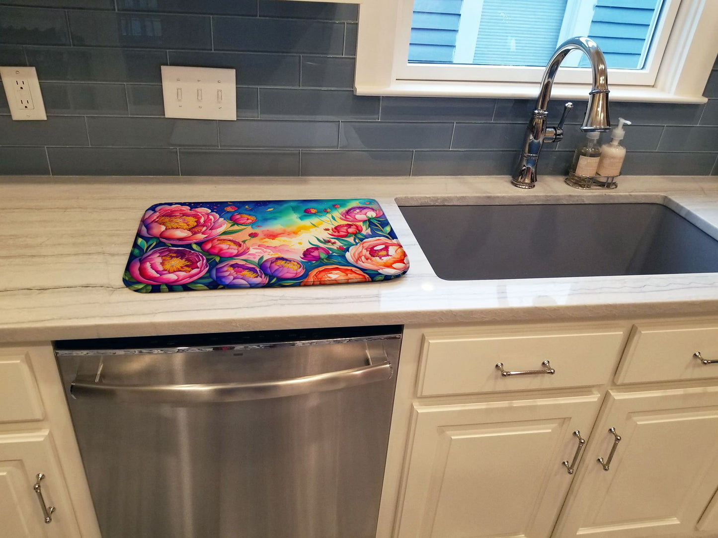Peonies in Color Dish Drying Mat Absorbent Dish Drying Mat Pad for Kitchen Counter Dish Drainer Mat for Countertop, 14 x 21", Multicolor