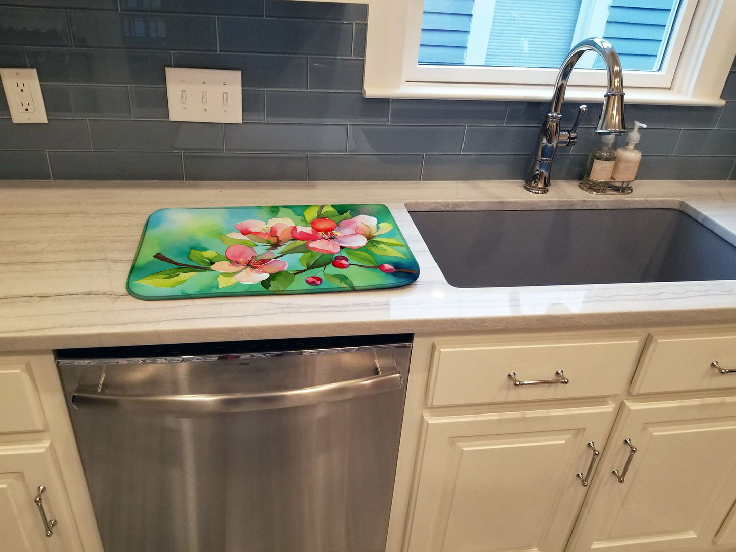Arkansas Apple Blossom in Watercolor Dish Drying Mat Absorbent Dish Drying Mat Pad for Kitchen Counter Dish Drainer Mat for Countertop, 14 x 21", Multicolor