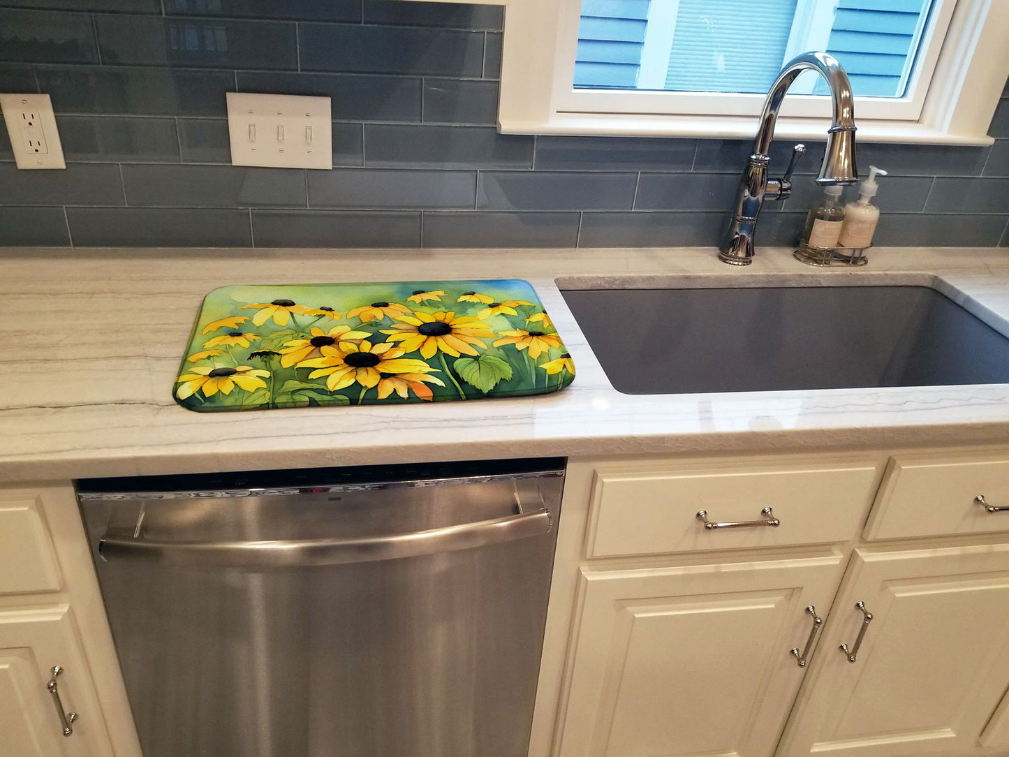 Maryland Black-Eyed Susans in Watercolor Dish Drying Mat Absorbent Dish Drying Mat Pad for Kitchen Counter Dish Drainer Mat for Countertop, 14 x 21", Multicolor