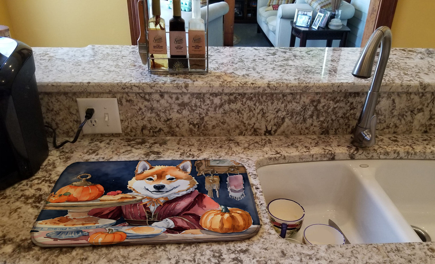 Shiba Inu Fall Kitchen Pumpkins Dish Drying Mat Absorbent Dish Drying Mat Pad for Kitchen Counter Dish Drainer Mat for Countertop, 14 x 21", Multicolor