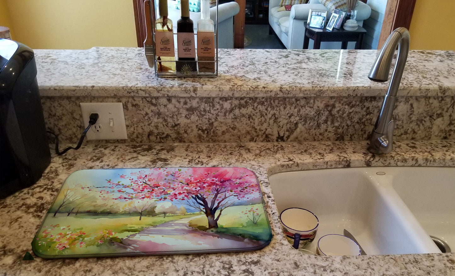 Michigan Apple Blossoms in Watercolor Dish Drying Mat Absorbent Dish Drying Mat Pad for Kitchen Counter Dish Drainer Mat for Countertop, 14 x 21", Multicolor