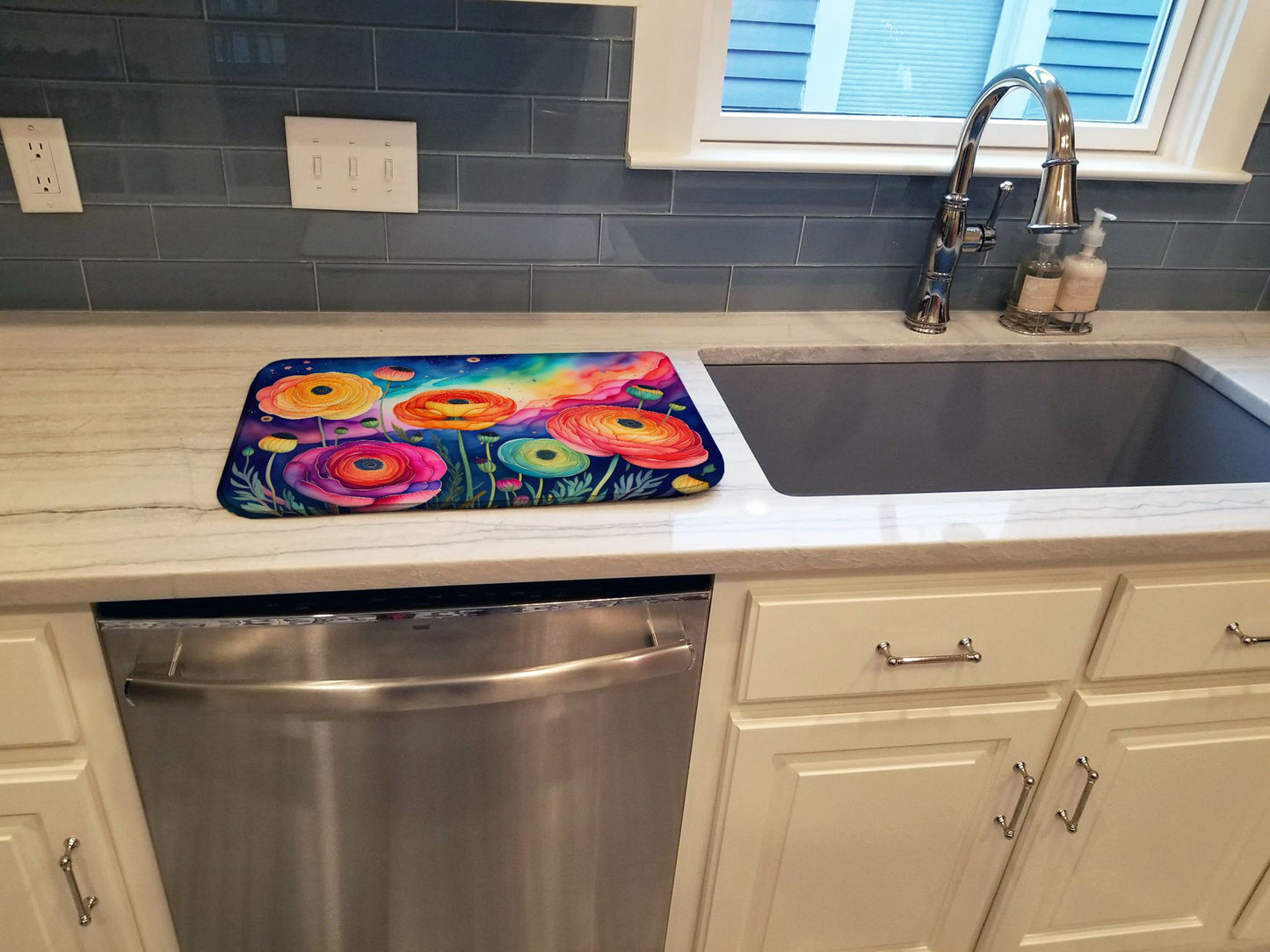 Ranunculus in Color Dish Drying Mat Absorbent Dish Drying Mat Pad for Kitchen Counter Dish Drainer Mat for Countertop, 14 x 21", Multicolor
