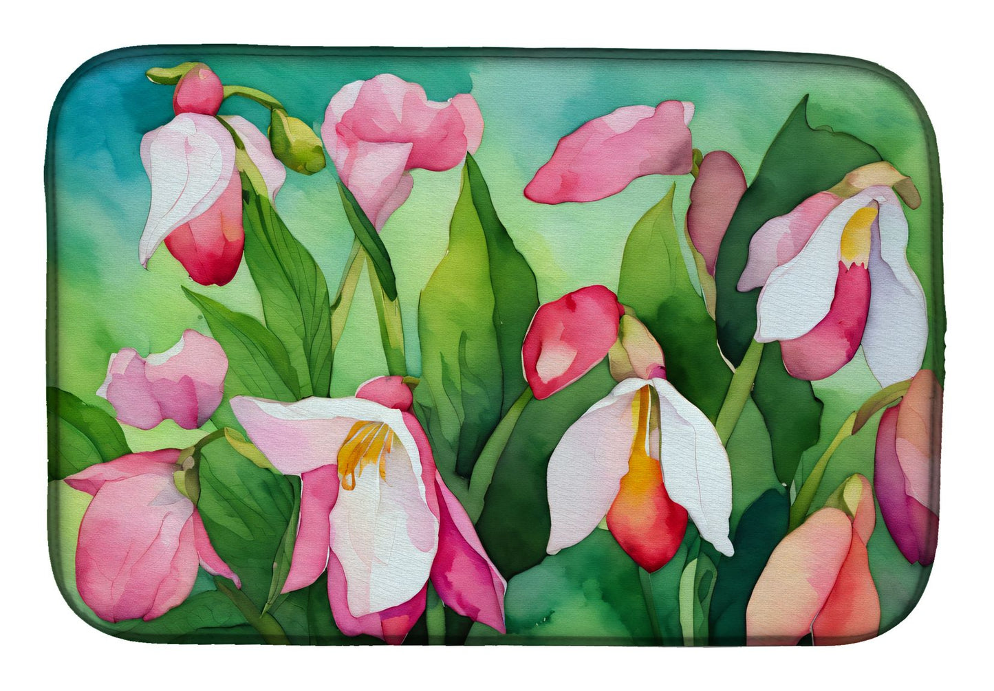 Minnesota Pink and White Lady s Slippers in Watercolor Dish Drying Mat Absorbent Dish Drying Mat Pad for Kitchen Counter Dish Drainer Mat for Countertop, 14 x 21", Multicolor