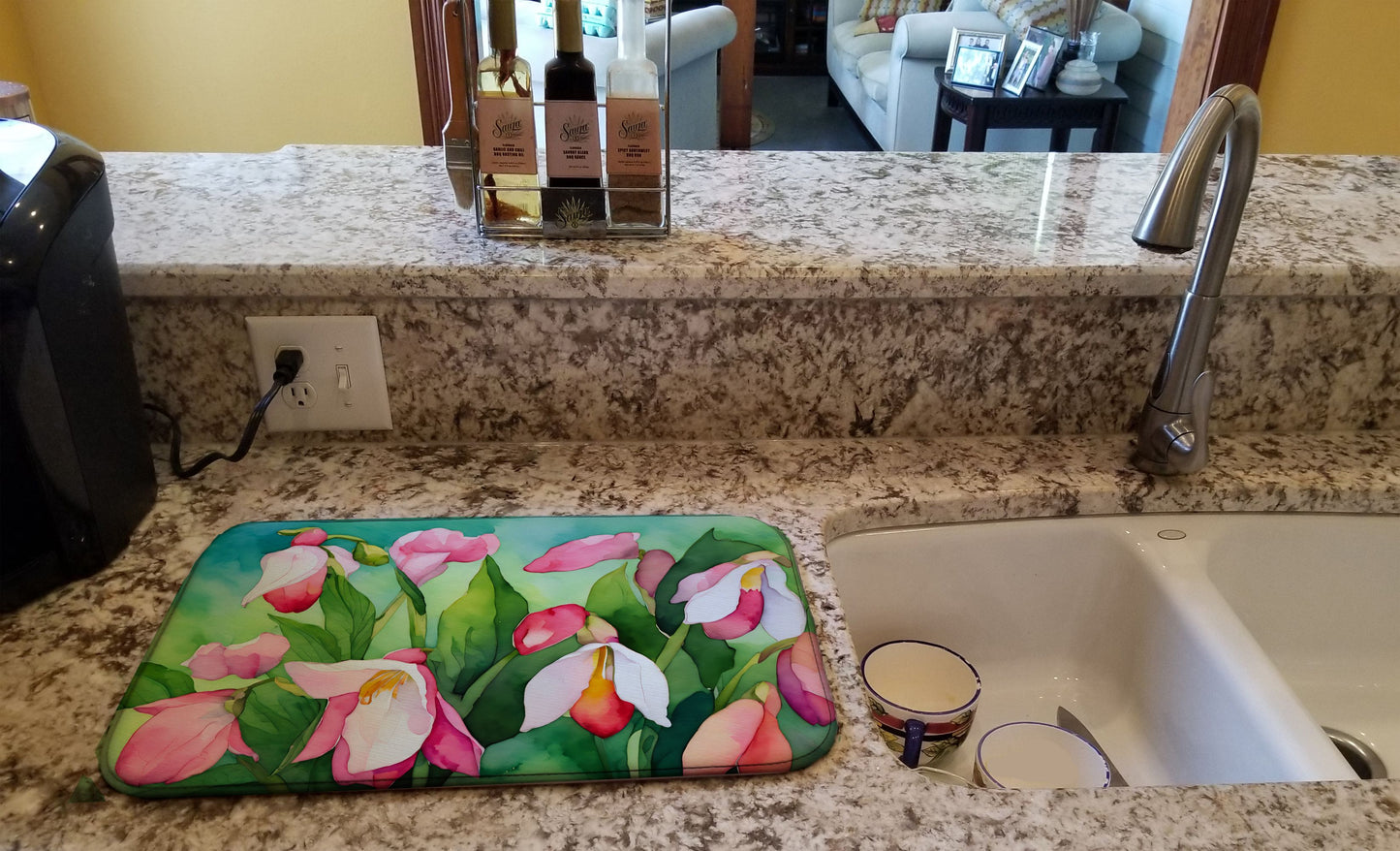 Minnesota Pink and White Lady s Slippers in Watercolor Dish Drying Mat Absorbent Dish Drying Mat Pad for Kitchen Counter Dish Drainer Mat for Countertop, 14 x 21", Multicolor