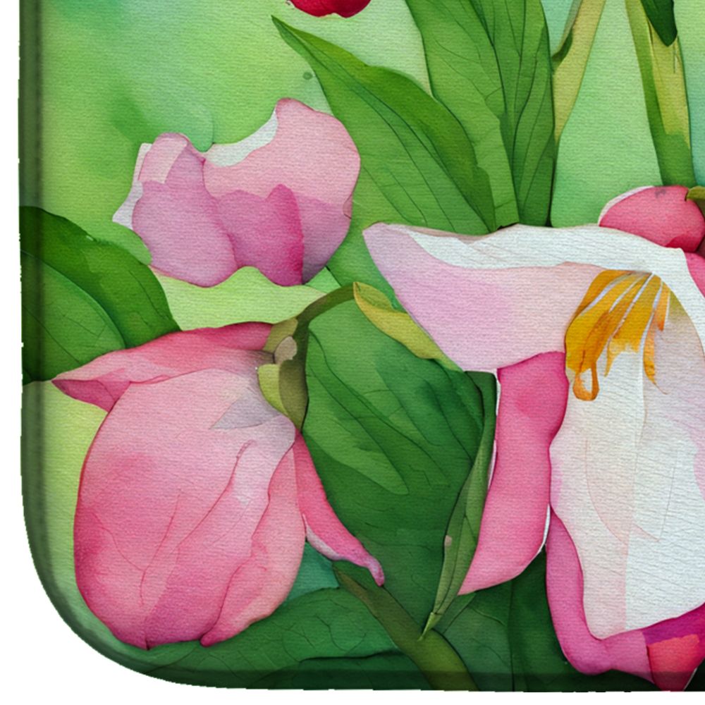 Minnesota Pink and White Lady s Slippers in Watercolor Dish Drying Mat Absorbent Dish Drying Mat Pad for Kitchen Counter Dish Drainer Mat for Countertop, 14 x 21", Multicolor