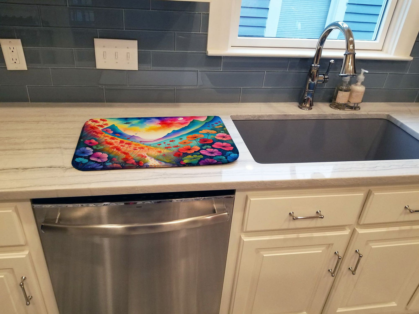 Geraniums in Color Dish Drying Mat Absorbent Dish Drying Mat Pad for Kitchen Counter Dish Drainer Mat for Countertop, 14 x 21", Multicolor