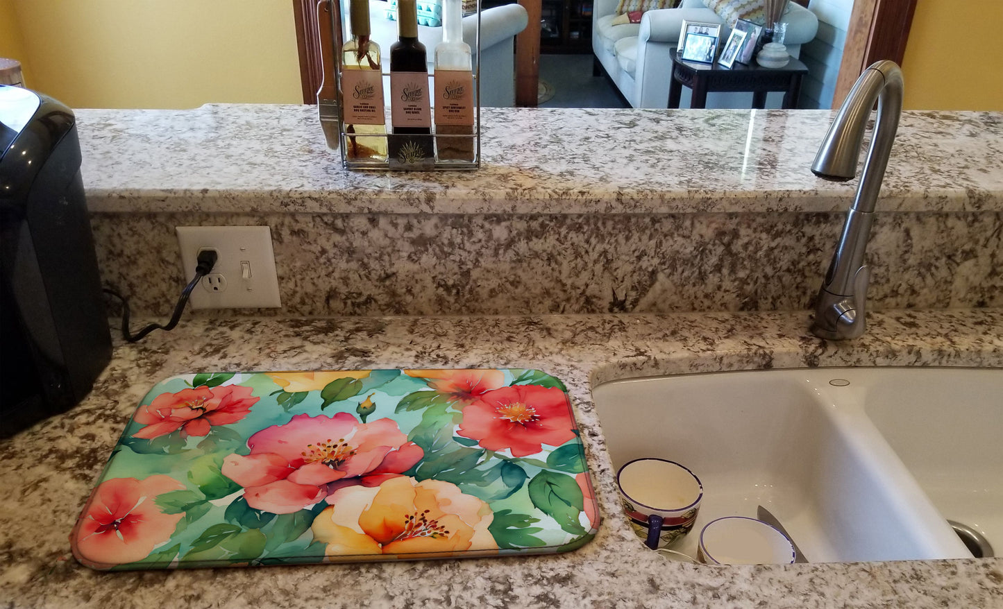 Georgia Cherokee Rose in Watercolor Dish Drying Mat Absorbent Dish Drying Mat Pad for Kitchen Counter Dish Drainer Mat for Countertop, 14 x 21", Multicolor