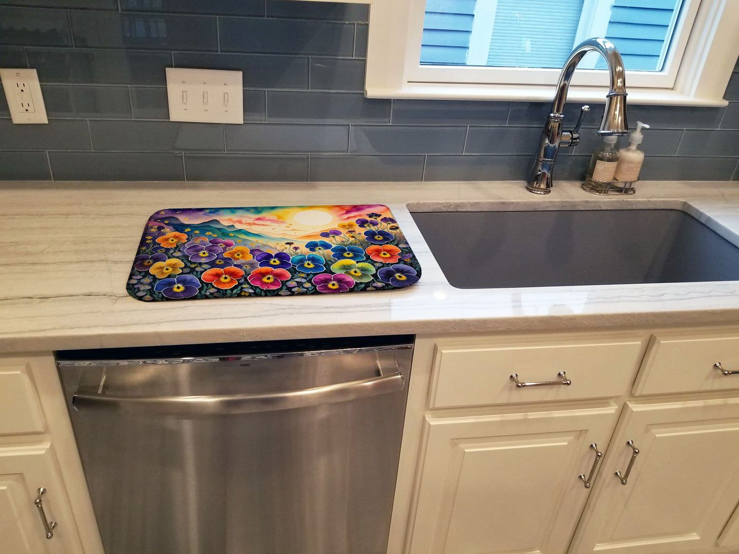 Pansies in Color Dish Drying Mat Absorbent Dish Drying Mat Pad for Kitchen Counter Dish Drainer Mat for Countertop, 14 x 21", Multicolor
