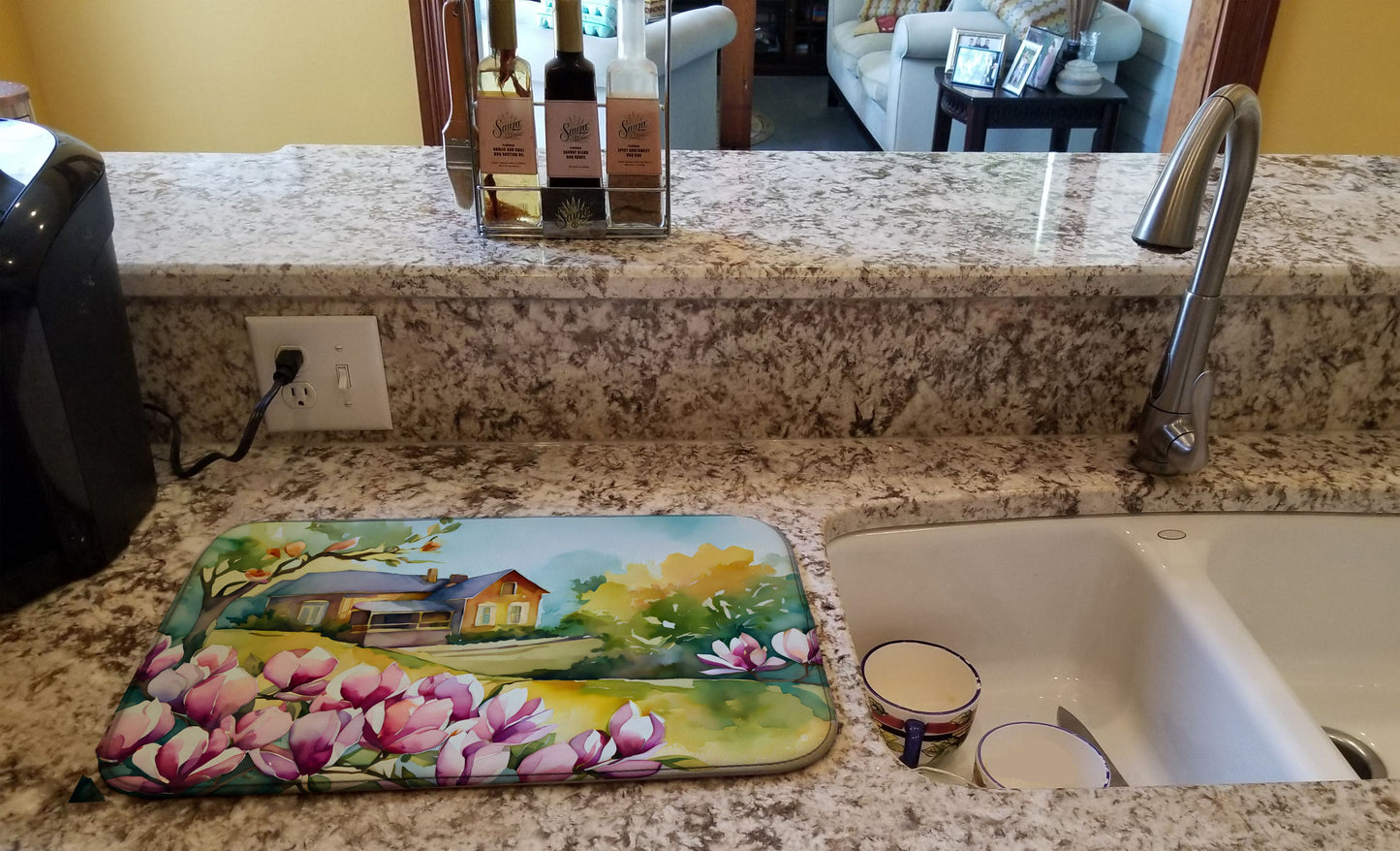 Louisiana Magnolias in Watercolor Dish Drying Mat Absorbent Dish Drying Mat Pad for Kitchen Counter Dish Drainer Mat for Countertop, 14 x 21", Multicolor