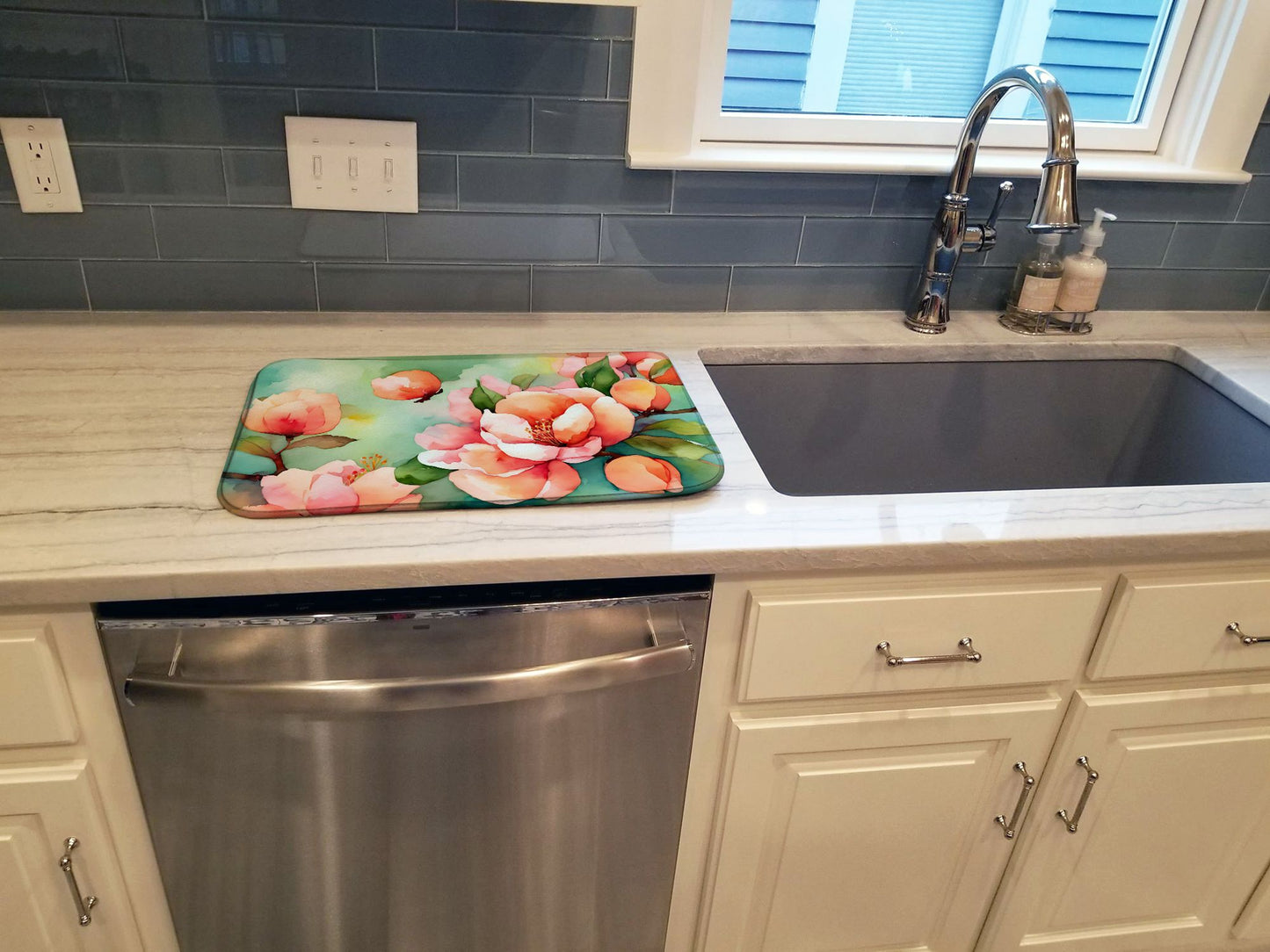 Delaware Peach Blossom in Watercolor Dish Drying Mat Absorbent Dish Drying Mat Pad for Kitchen Counter Dish Drainer Mat for Countertop, 14 x 21", Multicolor