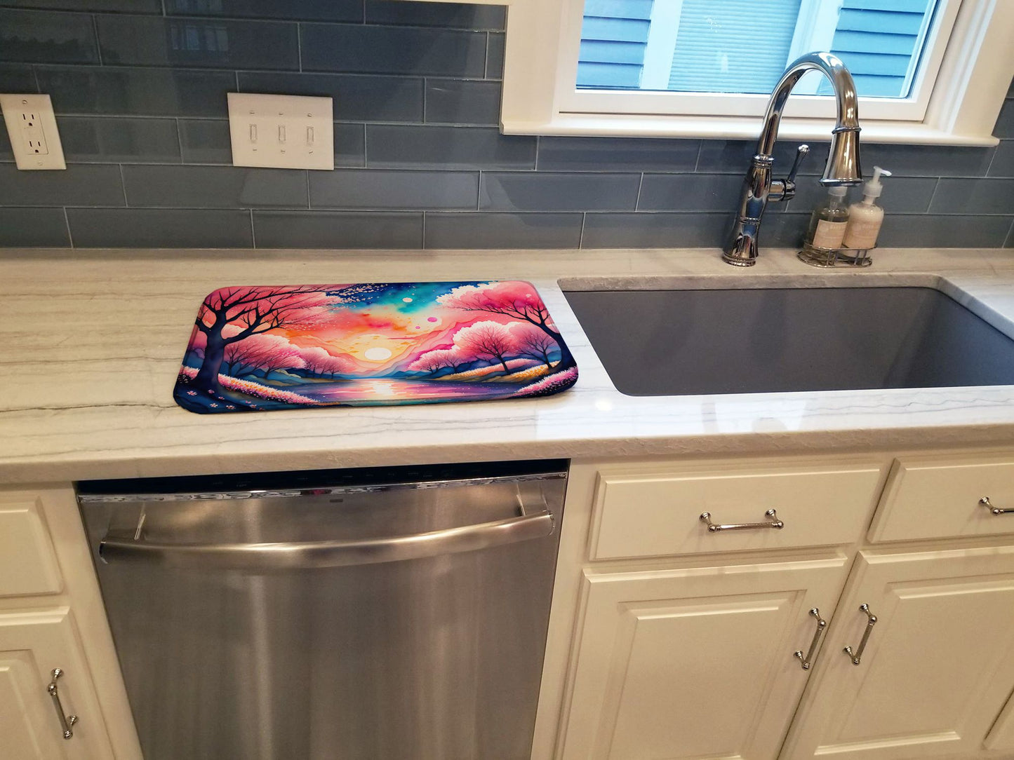 Cherry Blossom in Color Dish Drying Mat Absorbent Dish Drying Mat Pad for Kitchen Counter Dish Drainer Mat for Countertop, 14 x 21", Multicolor