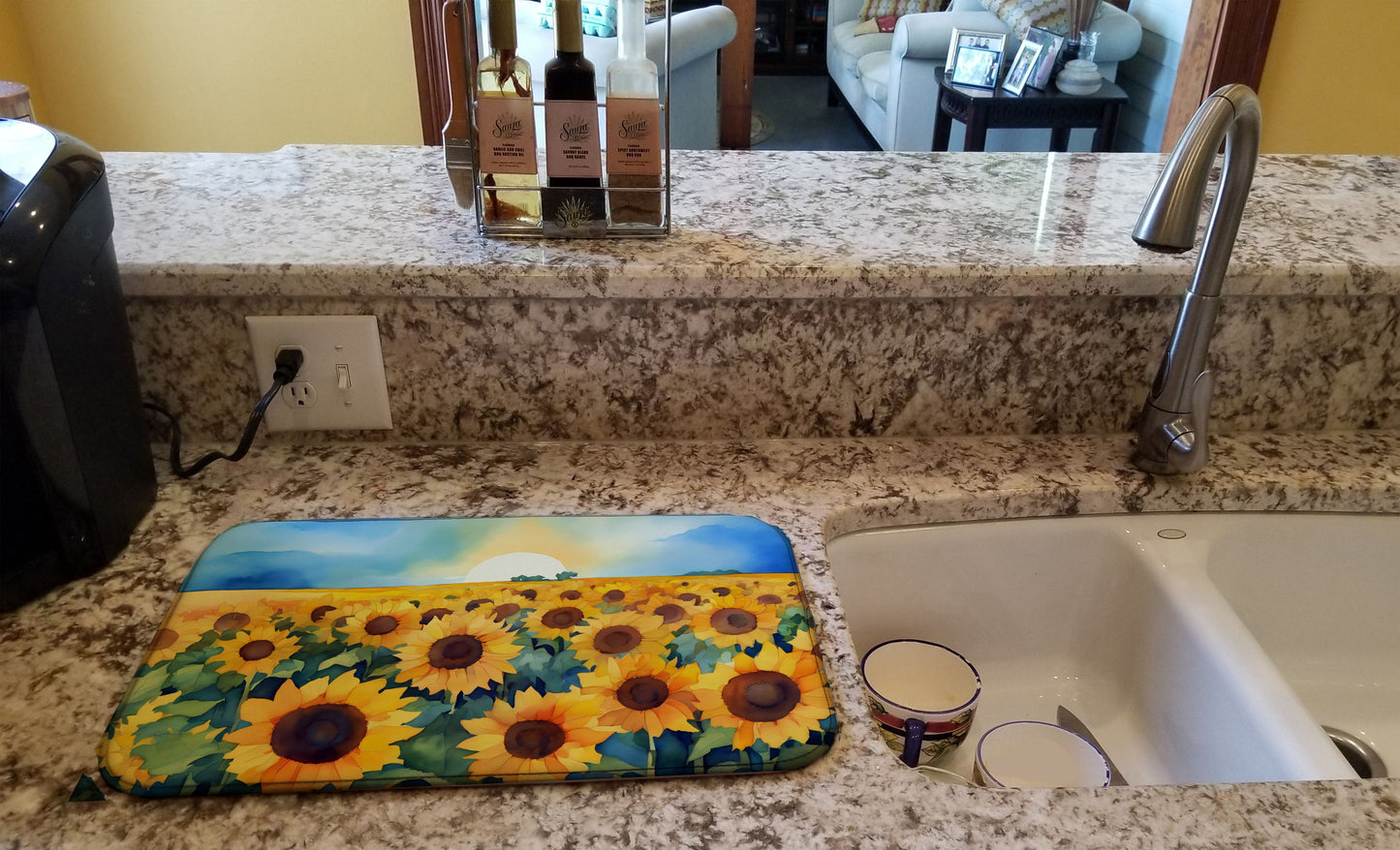 Kansas Sunflowers in Watercolor Dish Drying Mat Absorbent Dish Drying Mat Pad for Kitchen Counter Dish Drainer Mat for Countertop, 14 x 21", Multicolor