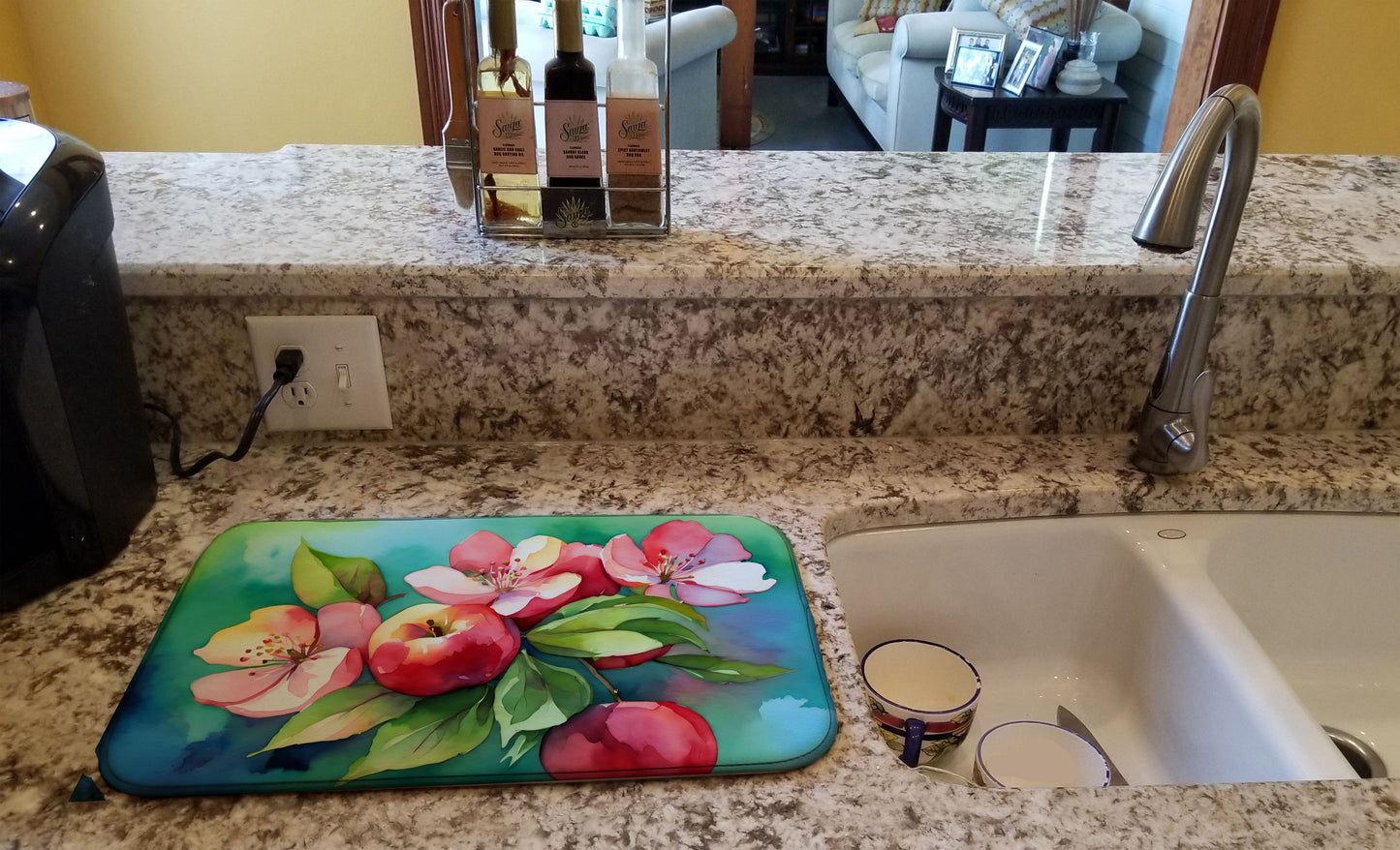 Arkansas Apple Blossom in Watercolor Dish Drying Mat Absorbent Dish Drying Mat Pad for Kitchen Counter Dish Drainer Mat for Countertop, 14 x 21", Multicolor