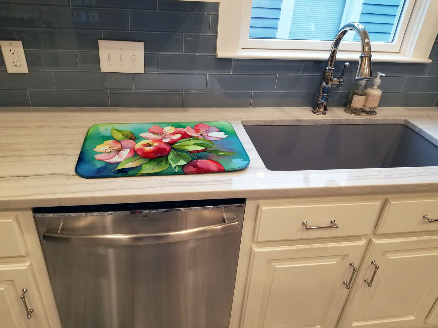 Arkansas Apple Blossom in Watercolor Dish Drying Mat Absorbent Dish Drying Mat Pad for Kitchen Counter Dish Drainer Mat for Countertop, 14 x 21", Multicolor