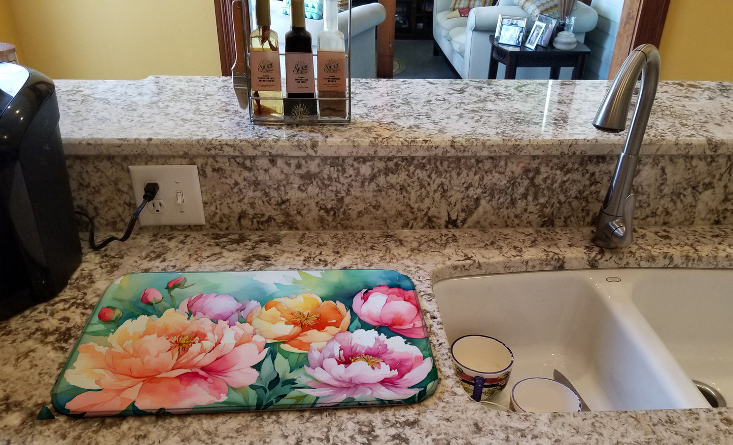 Indiana Peonies in Watercolor Dish Drying Mat Absorbent Dish Drying Mat Pad for Kitchen Counter Dish Drainer Mat for Countertop, 14 x 21", Multicolor