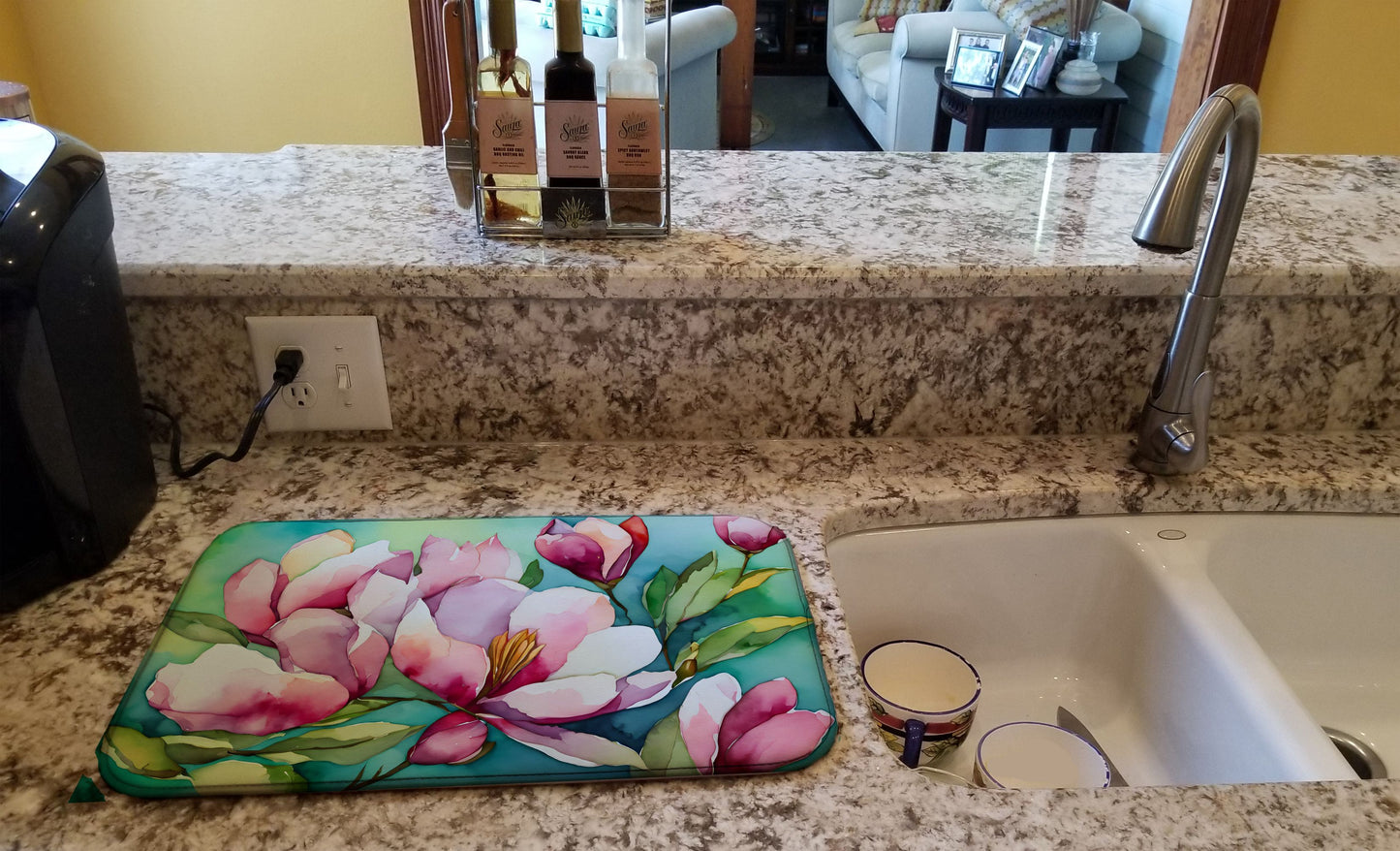 Louisiana Magnolias in Watercolor Dish Drying Mat Absorbent Dish Drying Mat Pad for Kitchen Counter Dish Drainer Mat for Countertop, 14 x 21", Multicolor