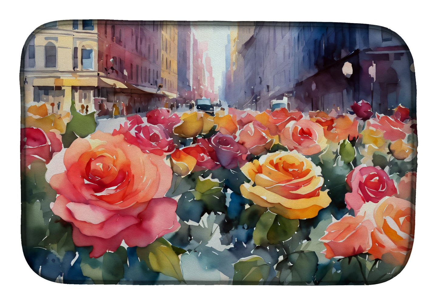 New York Roses in Watercolor Dish Drying Mat Absorbent Dish Drying Mat Pad for Kitchen Counter Dish Drainer Mat for Countertop, 14 x 21", Multicolor