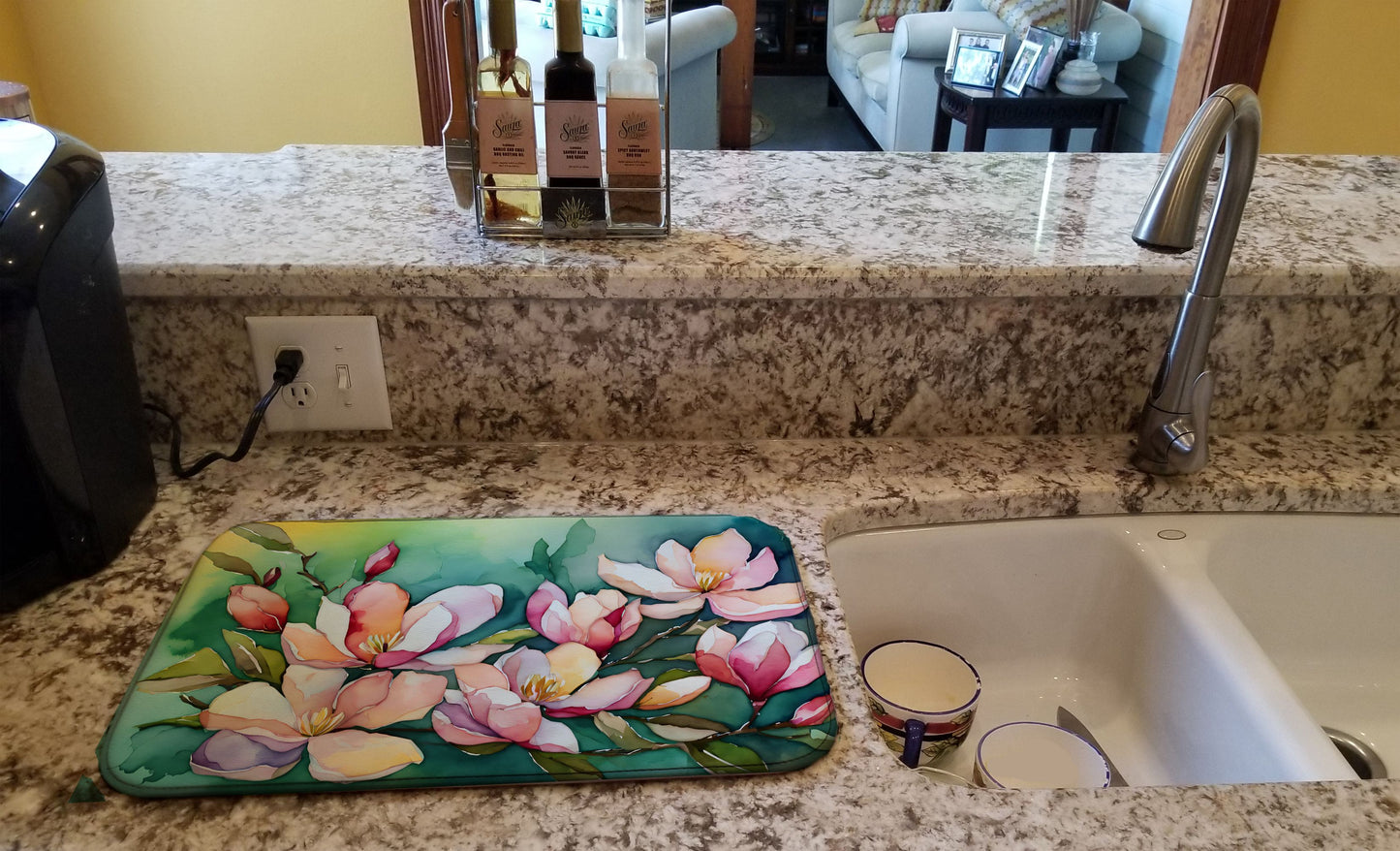 Louisiana Magnolias in Watercolor Dish Drying Mat Absorbent Dish Drying Mat Pad for Kitchen Counter Dish Drainer Mat for Countertop, 14 x 21", Multicolor