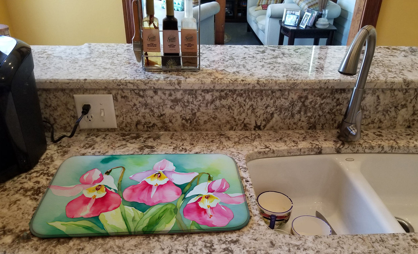 Minnesota Pink and White Lady s Slippers in Watercolor Dish Drying Mat Absorbent Dish Drying Mat Pad for Kitchen Counter Dish Drainer Mat for Countertop, 14 x 21", Multicolor