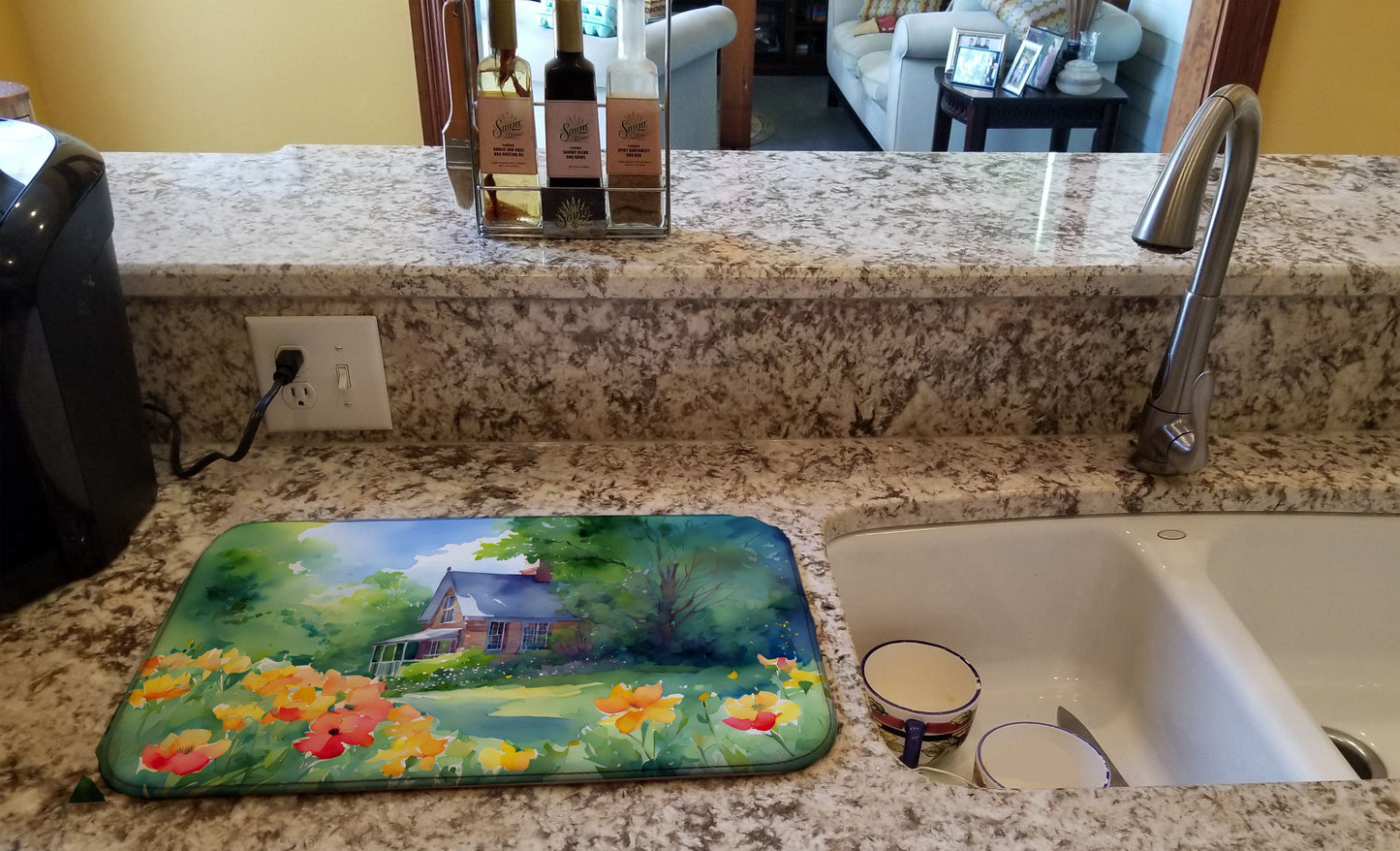 Massachusetts Mayflowers in Watercolor Dish Drying Mat Absorbent Dish Drying Mat Pad for Kitchen Counter Dish Drainer Mat for Countertop, 14 x 21", Multicolor