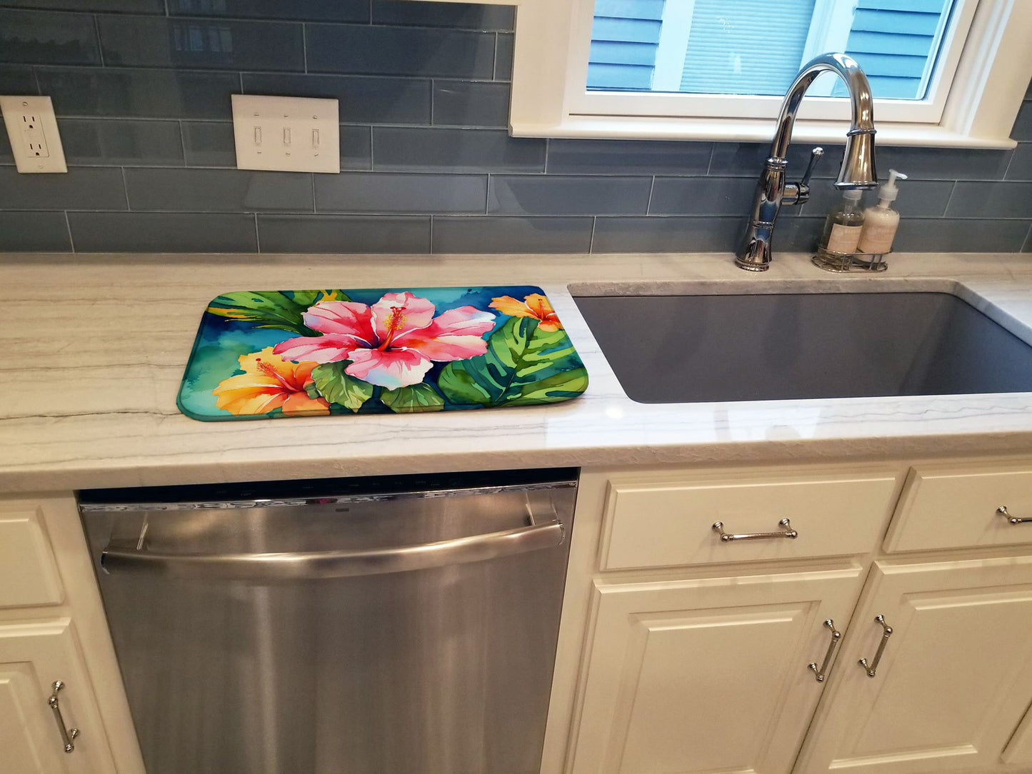 Hawaii Hawaiian Hibiscus in Watercolor Dish Drying Mat Absorbent Dish Drying Mat Pad for Kitchen Counter Dish Drainer Mat for Countertop, 14 x 21", Multicolor