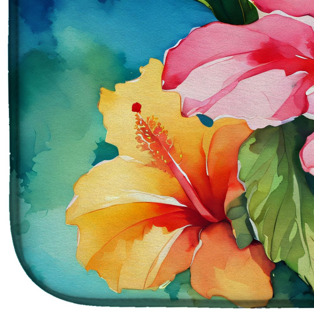 Hawaii Hawaiian Hibiscus in Watercolor Dish Drying Mat Absorbent Dish Drying Mat Pad for Kitchen Counter Dish Drainer Mat for Countertop, 14 x 21", Multicolor