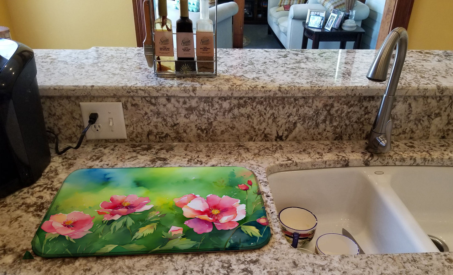 Iowa Wild Prairie Roses in Watercolor Dish Drying Mat Absorbent Dish Drying Mat Pad for Kitchen Counter Dish Drainer Mat for Countertop, 14 x 21", Multicolor