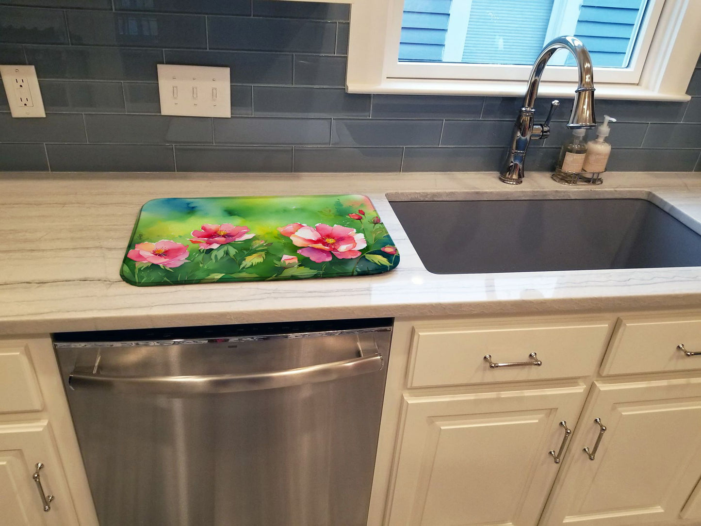 Iowa Wild Prairie Roses in Watercolor Dish Drying Mat Absorbent Dish Drying Mat Pad for Kitchen Counter Dish Drainer Mat for Countertop, 14 x 21", Multicolor